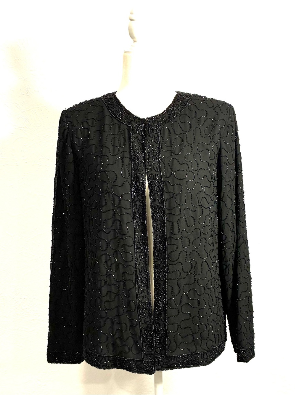 NWT Beaded Black Evening Jacket - Women, size M, extra beads, Hook&Eye at neck